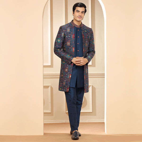 Royal Blue Indo Western With Multi-coloured Geometrical Long Coat
