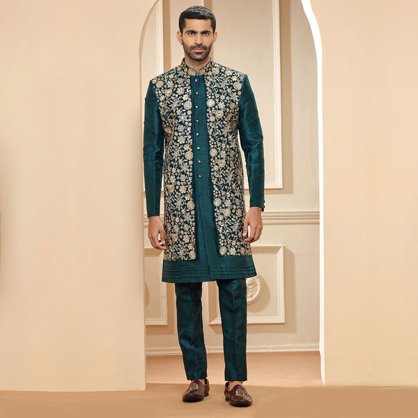 Peacock Green Indo Western With Heavy Work Kurta