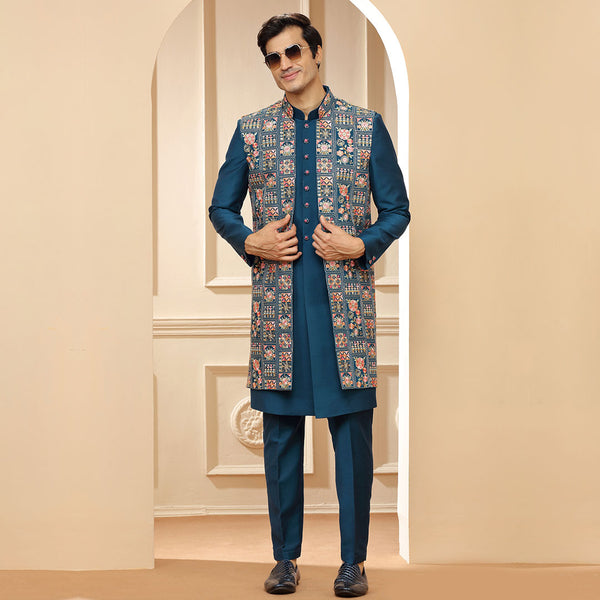 Blue Indo Western  With All Over Heavy Work Jacket