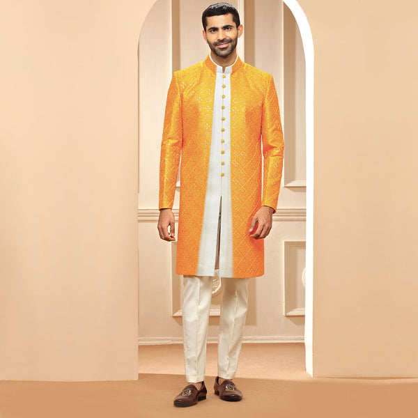 Classic White Indo Western With Silk Artwork Orange Jacket