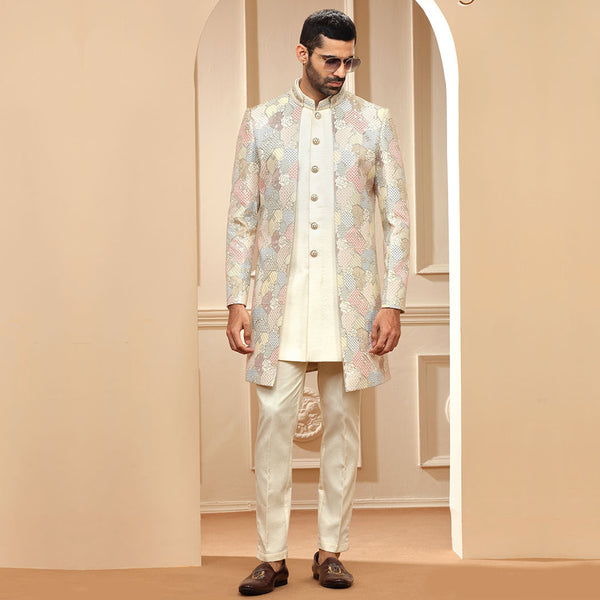 Regal Off White Classic Indo Western With Heavy Work Pastel Shade Jacket