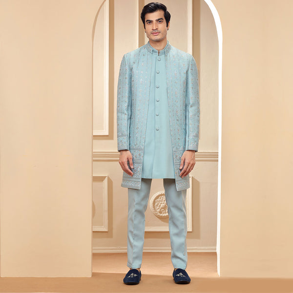Tempting Light Blue Indo Western With Silver Toned Work Jacket