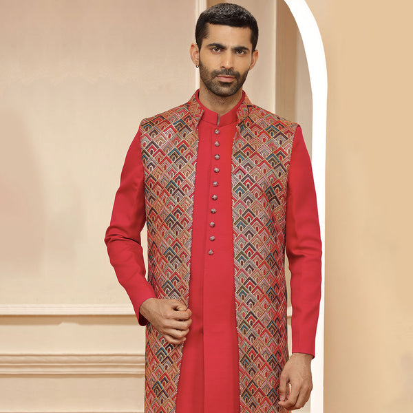 Purest Red Indo Western  With Multicolored Heavy work Jacket