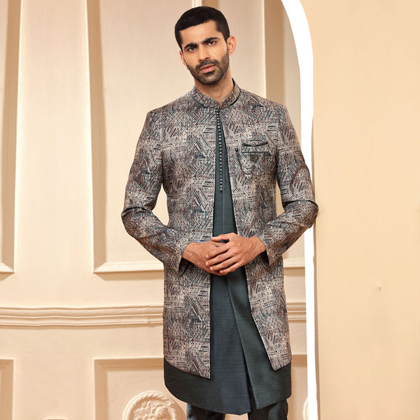 Steel Grey Tone Indo Western With Double Layered Long Coat