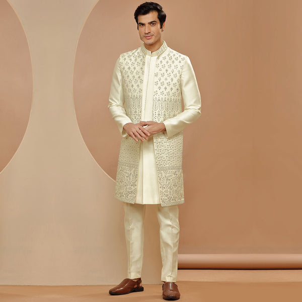 Classic Cream Embroidered Indo Western With Jacket