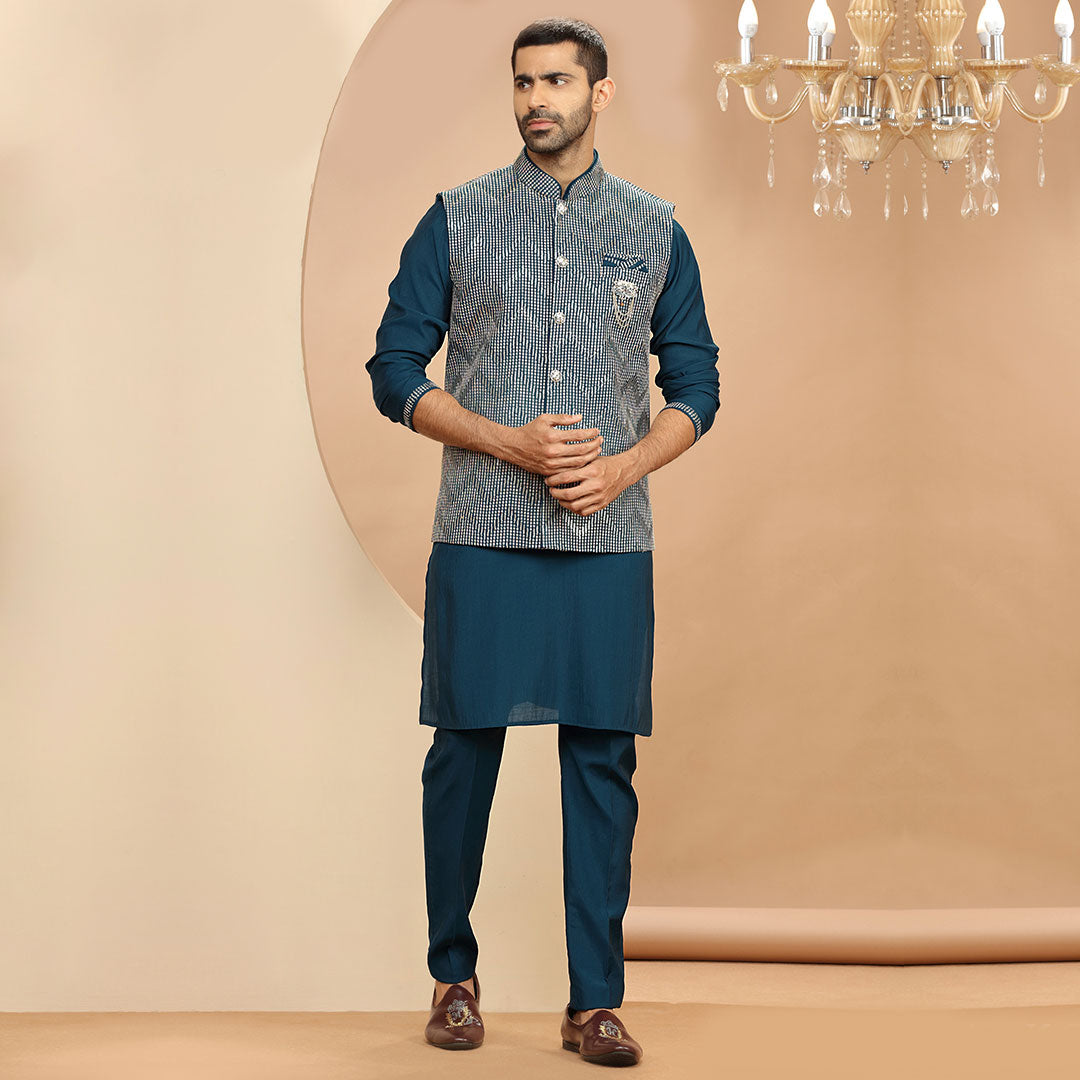 Teal Raw Silk Waist Coat With Kurta and trousers – Sania Maskatiya  International