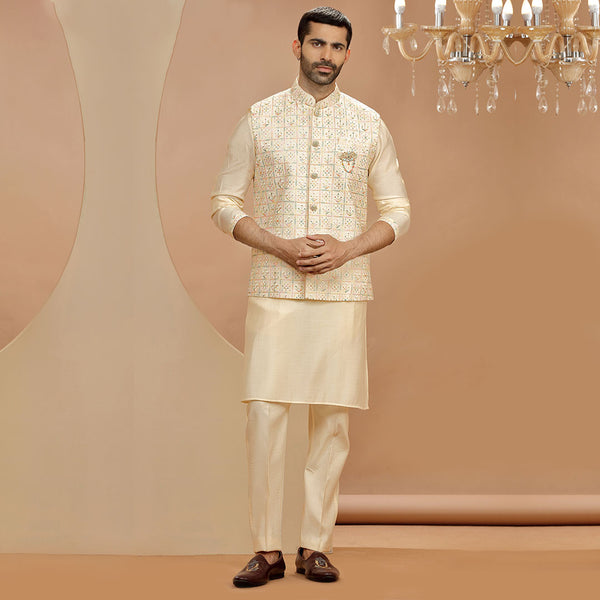 Cream Raw Silk Kurta Pants With Nehru Jacket
