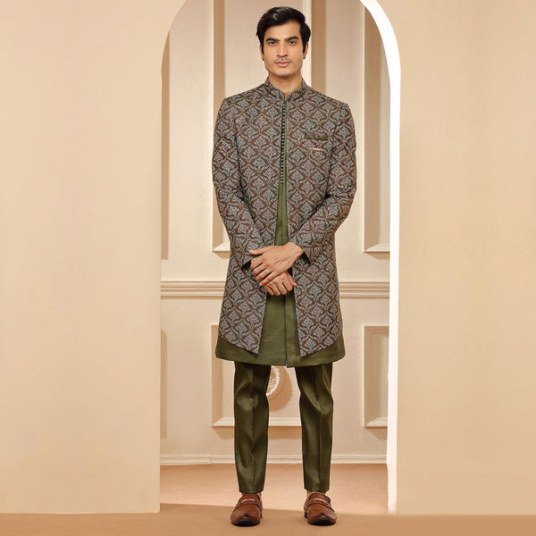 Olive Green Printed Long Indo Western