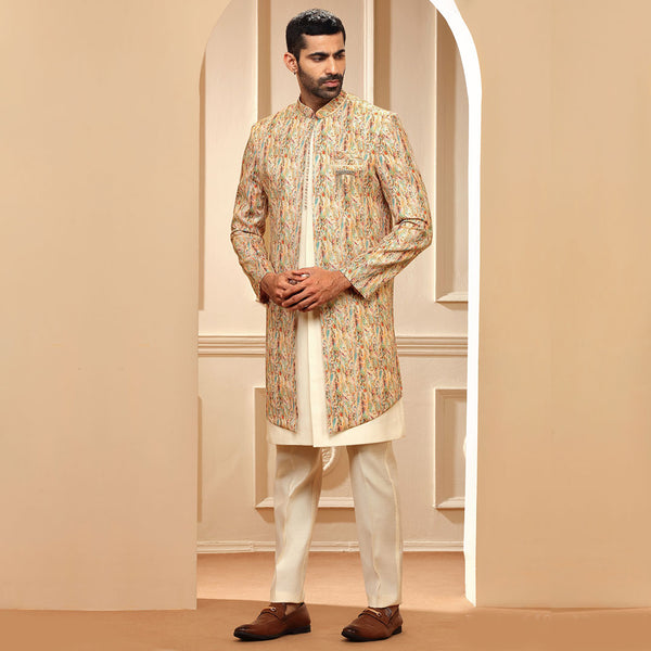 Off White Silk Indo Western With MultiColor Jacket