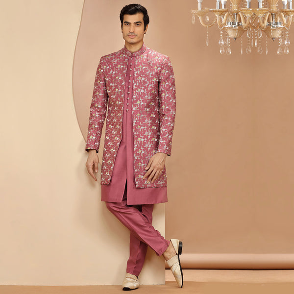 Pink Resham Indo Western With All Over Heavy Work Long Jacket