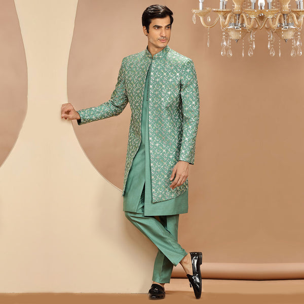 Mint Green Indo Western With Geometric Jacket