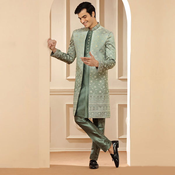 Olive Green Silk Indo Western With Printed Motifs Jacket