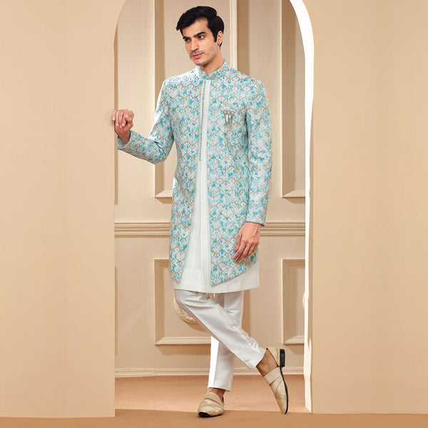Princely White Indo Western  With Blue Patterned Long Jacket