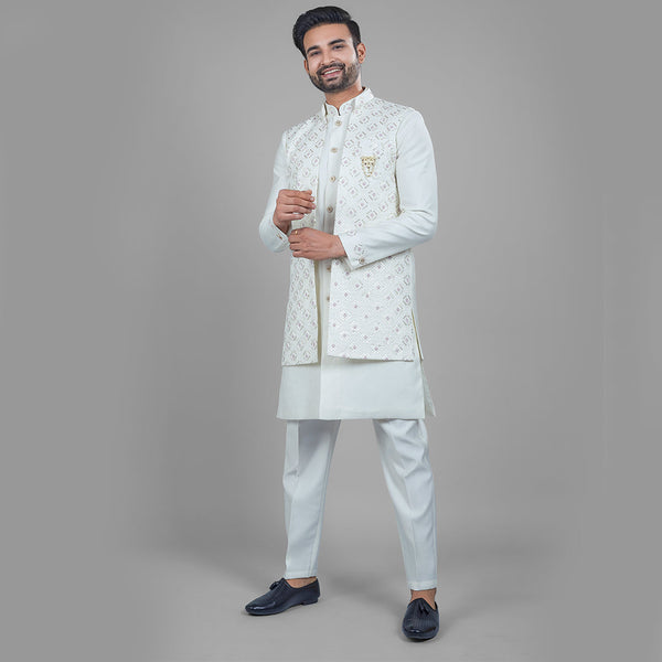 Majestic Milky White Indo-Western Ensemble with Long Jacket