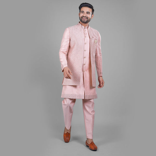 Rose Pink Indo-Western Ensemble with Quilted Long Jacket