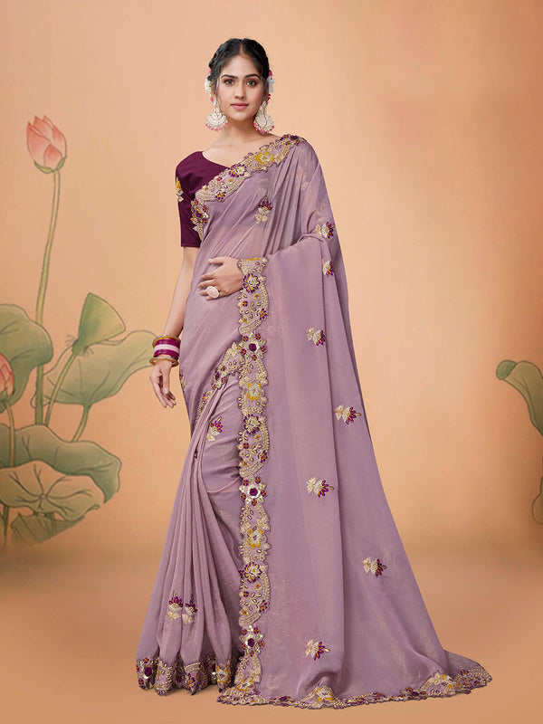 Purple wedding saree with zari work and wine colour blouse
