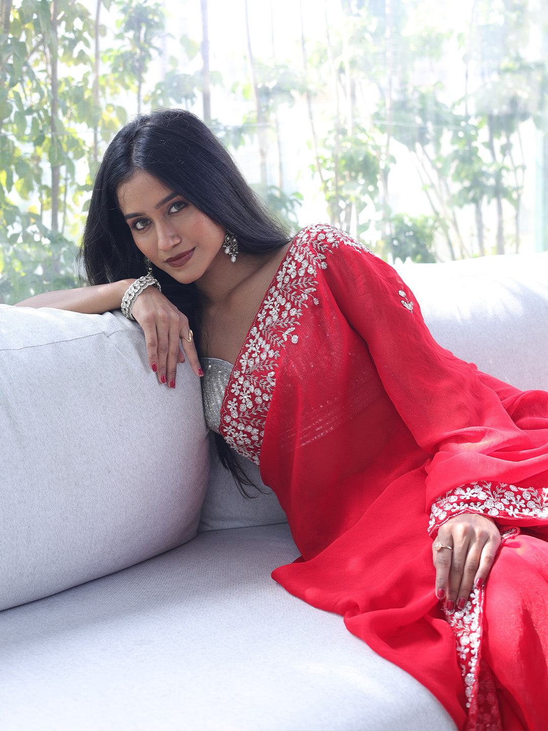 Red Shimmer Jorget with Silver Border Saree – Suvidha Fashion