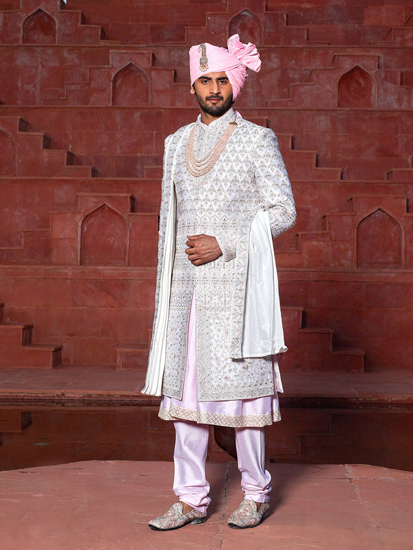 Dusky White Sherwani  Matched With Pink Anarkali