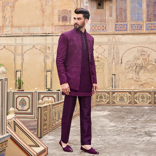 Purple Embroidered 3 Piece  Indowestern Set