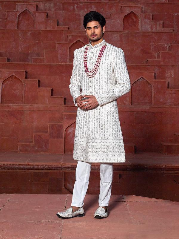 Fantastic Groomsmen White Minimalistic Sherwani