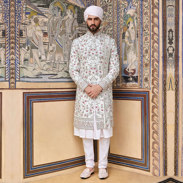 White Sherwani with Grey and Red Floral Work