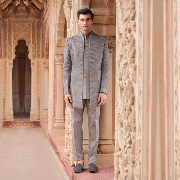 Grey Textured Fabric Jodhpuri Set