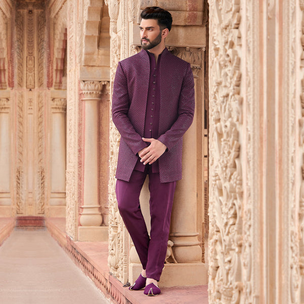 Textured 3 Piece  Indowestern Set in Purple