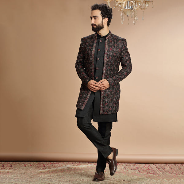 indo western dress for men Black Jacquard Indo Western Set For Men With Embroidered Stole