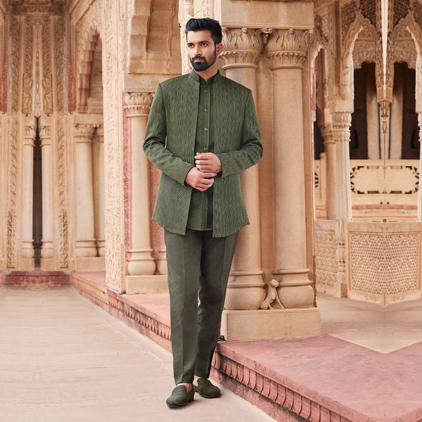 Green Heavy Work Jacket Jodhpuri Set