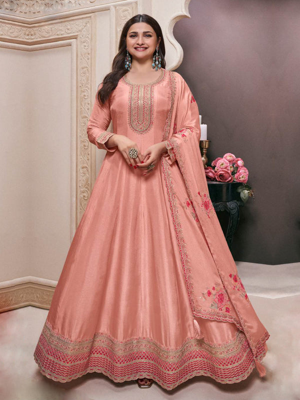 Peach Opulence Embroidered Silk Anarkali Gown