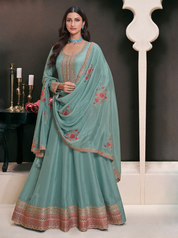 Sage Green Embroidered Silk Anarkali Gown with Zari Border