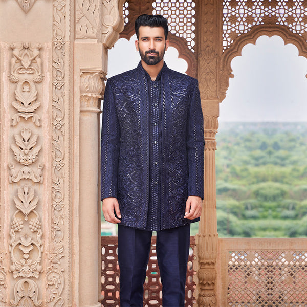 Festive Blue Sequined Indowestern Set for Men