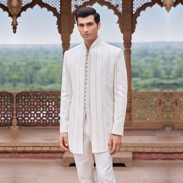 Men's White Long  Indowestern Set for Men