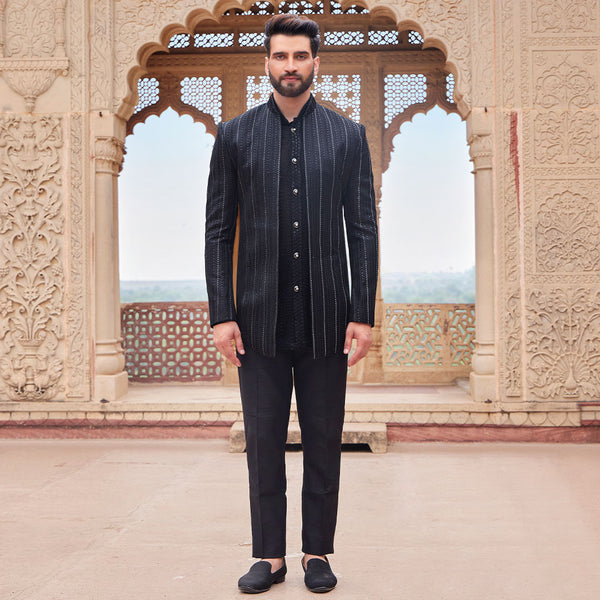 Sassy Black Sequined Indowestern Set for Men