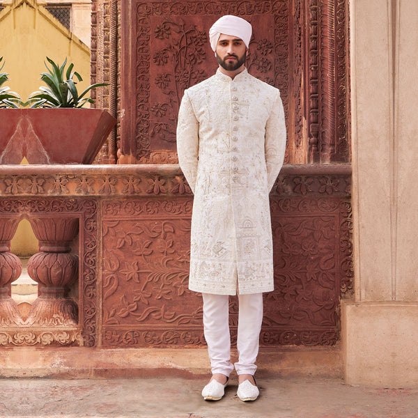 Mughal Style ThreadWork White Dulha Sherwani