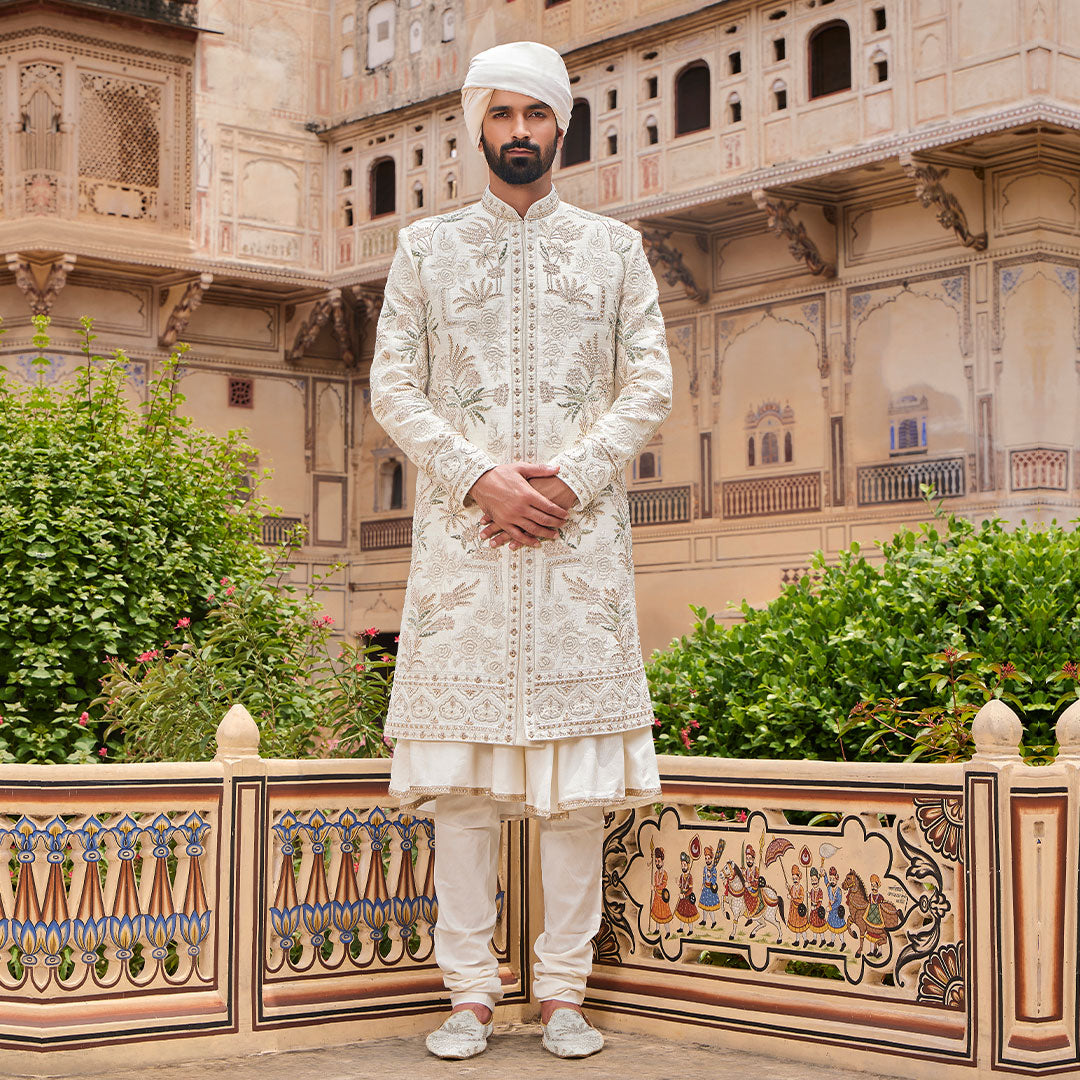 Off-White Dual Tone Sherwani with ThreadWork Pattern – Suvidha Fashion