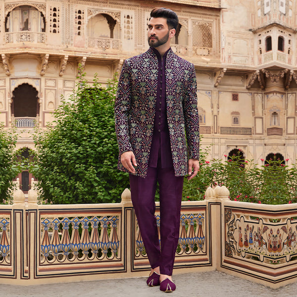 Purple Sequined Indowestern Set for Men