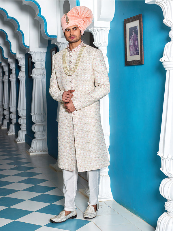 Self Work Off-White Textured Sherwani Suit