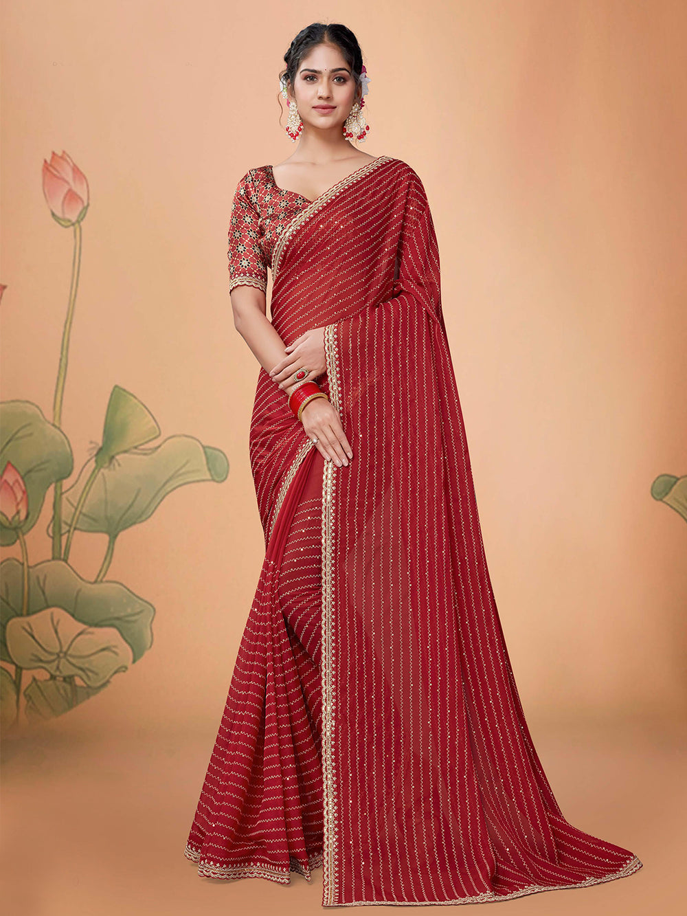 Georgette Red Embroidered Saree With Printed Blouse