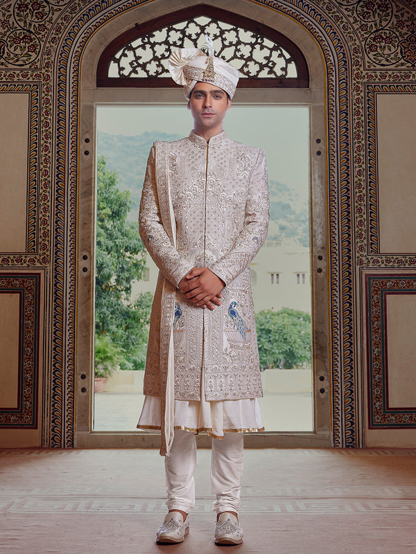 Ivory Gold Regal Sherwani with Resplendent Peacock Embroidery