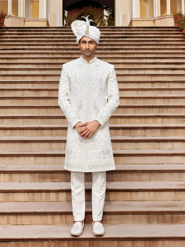 Classic Ivory Sherwani with Ornate Resham and Zari Detailing