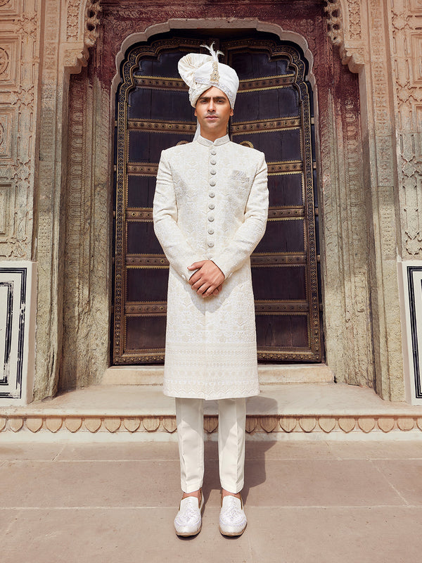 Heritage  Ivory Embroidered Sherwani with Regal Threadwork