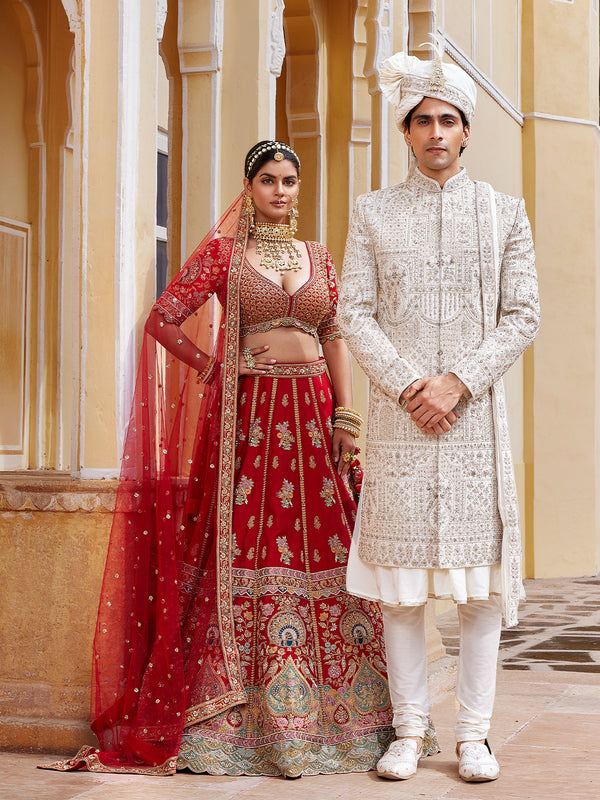 Opulent Ivory Sherwani with Intricate Threadwork and Mirror Accents