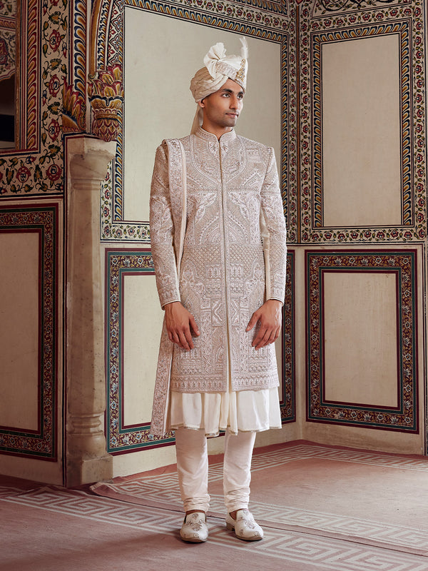 Royal Layered Ivory Blush Zari-Embroidered Sherwani