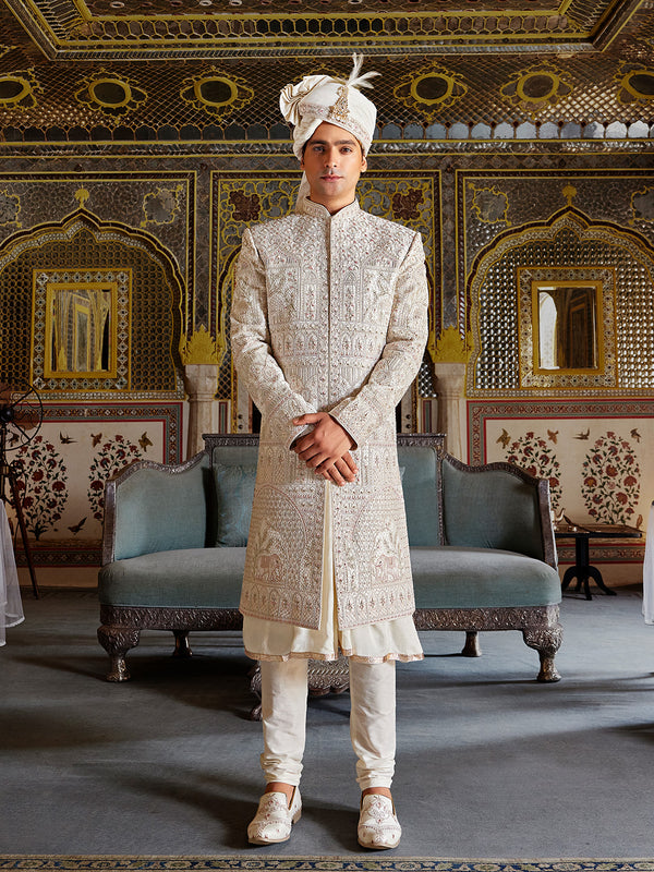 Ivory Beige Royal Sherwani with Zardozi Elephant Motifs