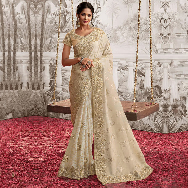 Celestial Cream Zardozi Embroidered Saree