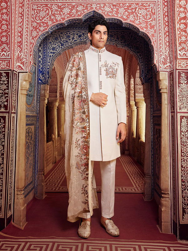 Regal Minimalism with Heritage Motifs Ivory Silk Sherwani with Royal Procession