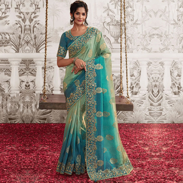 Regal Blue-Green Zardozi Embellished Saree