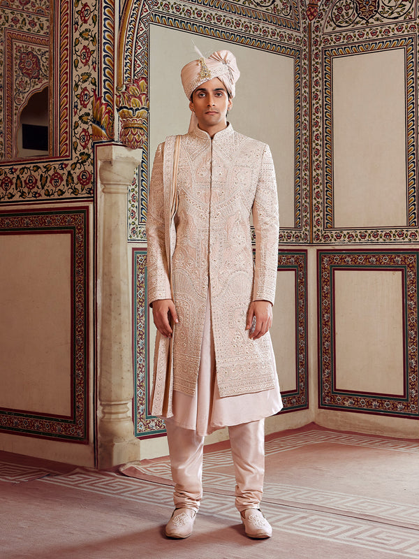 Blushed Rose Ivory Sherwani with All-Over Dabka Embroidery