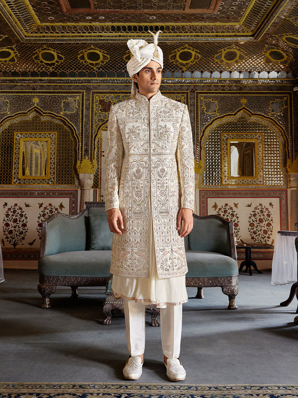 Intricate Handwork on Silk Base Sherwani with Mughal-Inspired Resham